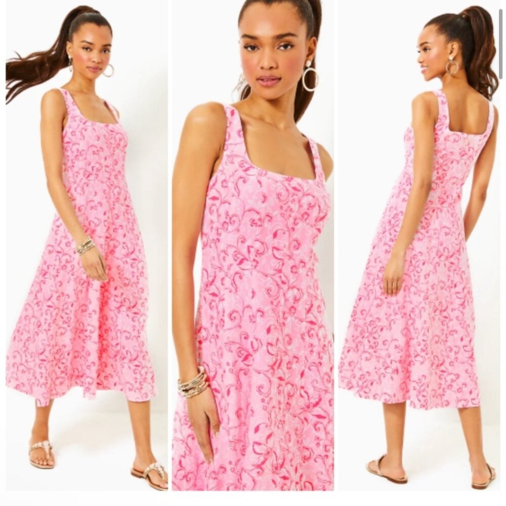 🦩 NWT Lilly Pulitzer Pink Calina Linen Midi Dress 14 🦩 - Picture 8 of 9